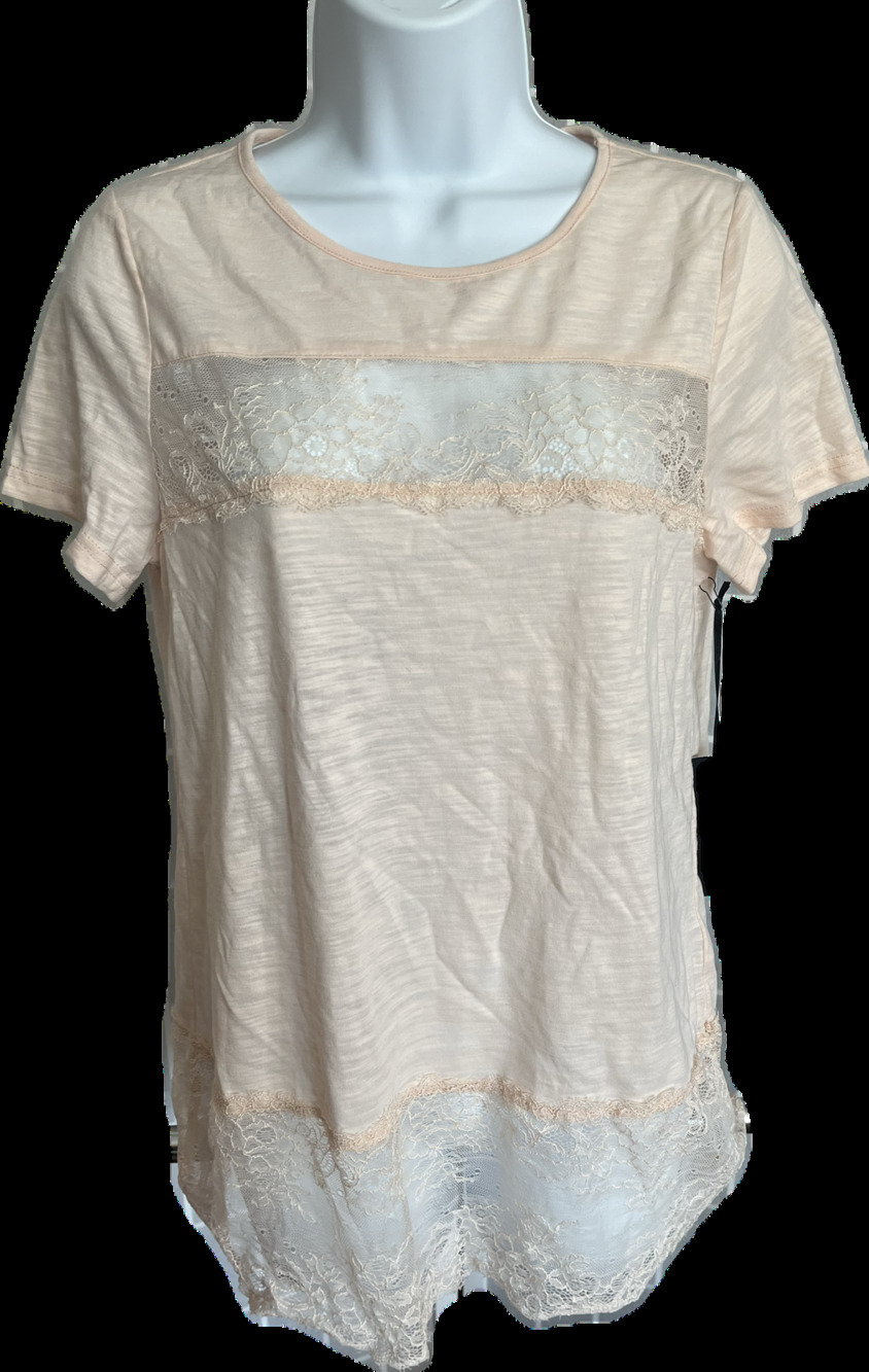 Doe & Rae peach pink sheer lace panels lightweight knit tee shirt Small NWT